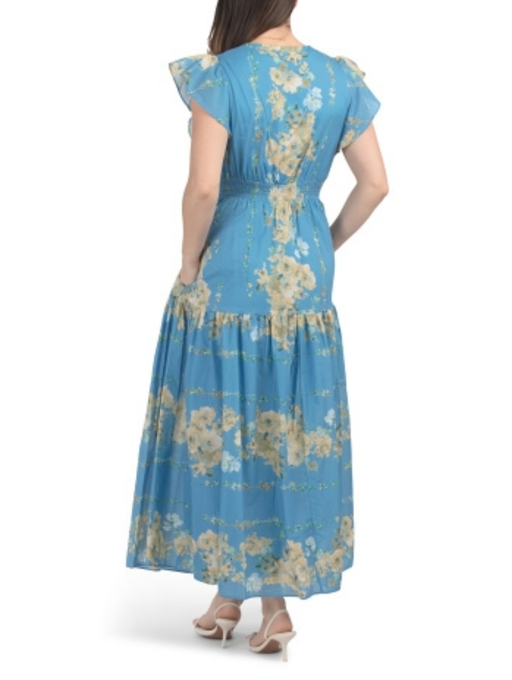 NWT - Taylor Cotton V-Neck Flutter Sleeve Blue/Yellow Floral Maxi Dress-Size 14 - Picture 2 of 10